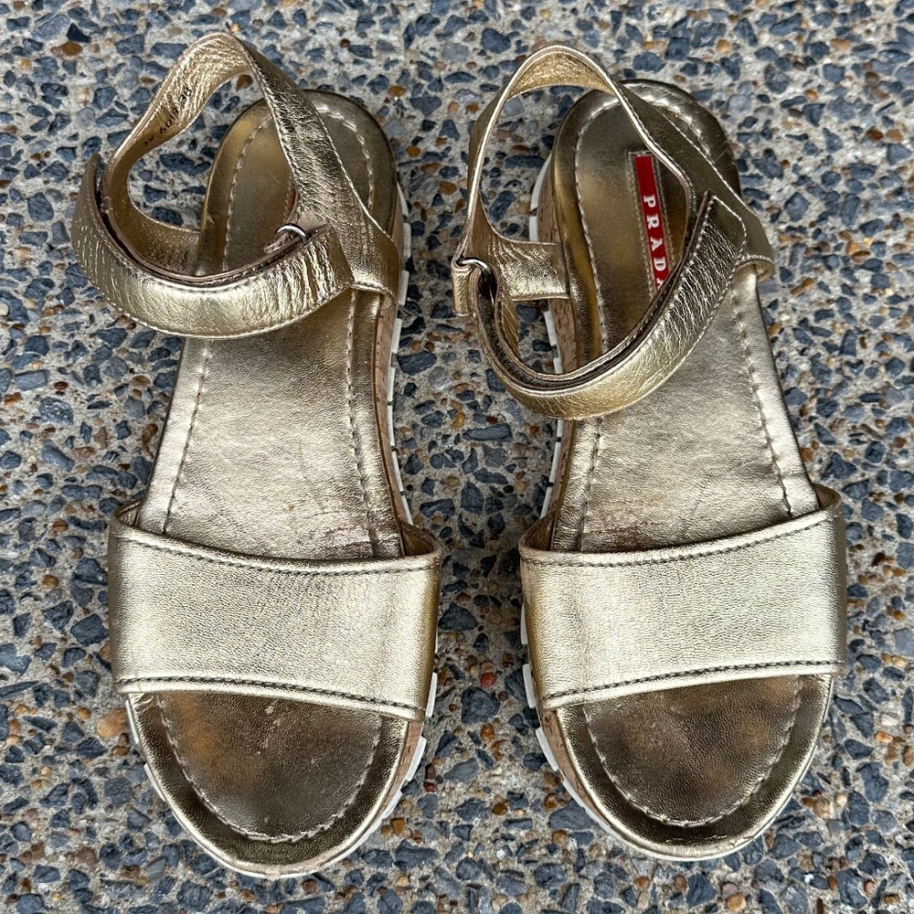 Prada Sport Gold Metallic Leather Sandals sz 38 EU